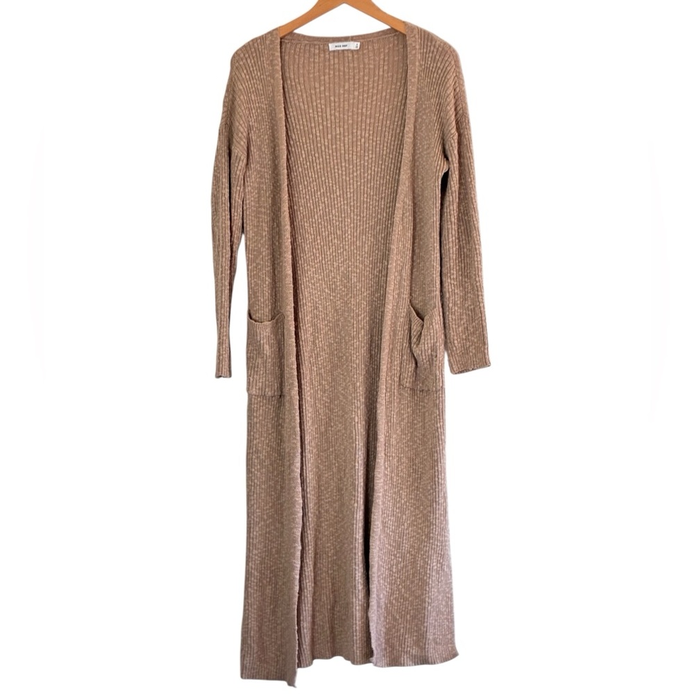Mod Ref | Tan beige comfy ribbed knit open duster cardigan front pockets